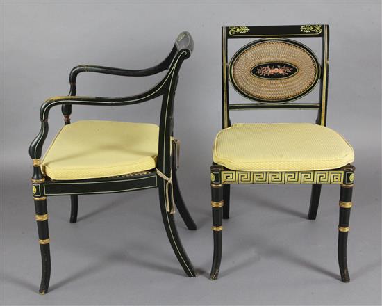 A set of eight Regency style parcel gilt ebonised dining chairs, including two carvers, carvers W.1ft 9in. H.2ft 9in.